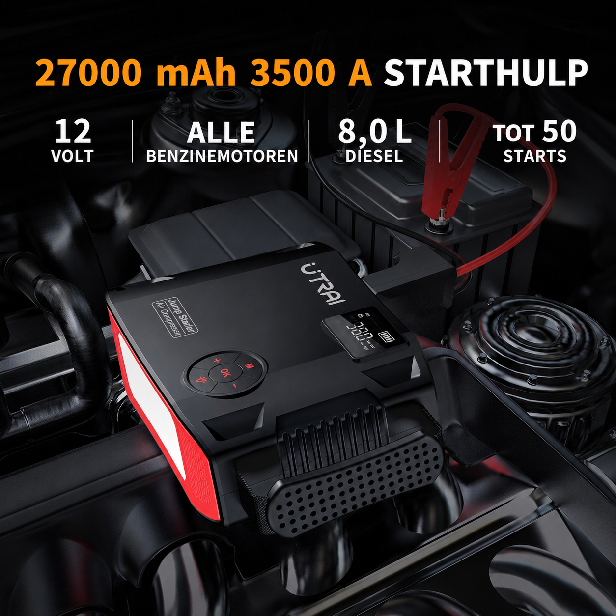 UTRAI JS-5 jumpstarter aangesloten op een voertuigaccu