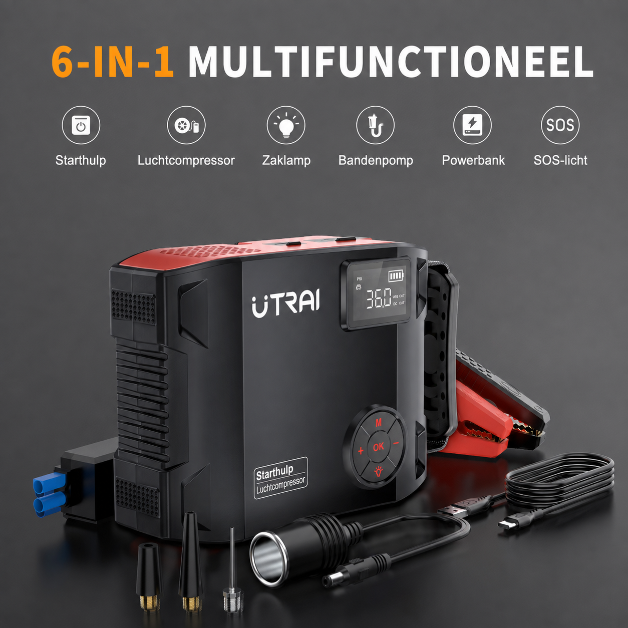 UTRAI JS-5 als jumpstarter, compressor en powerbank