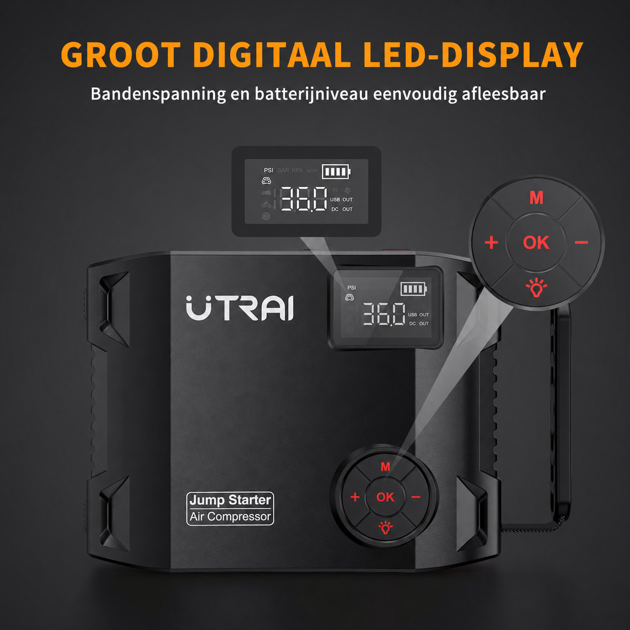 Digitaal display van de UTRAI JS-5 jumpstarter met compressor