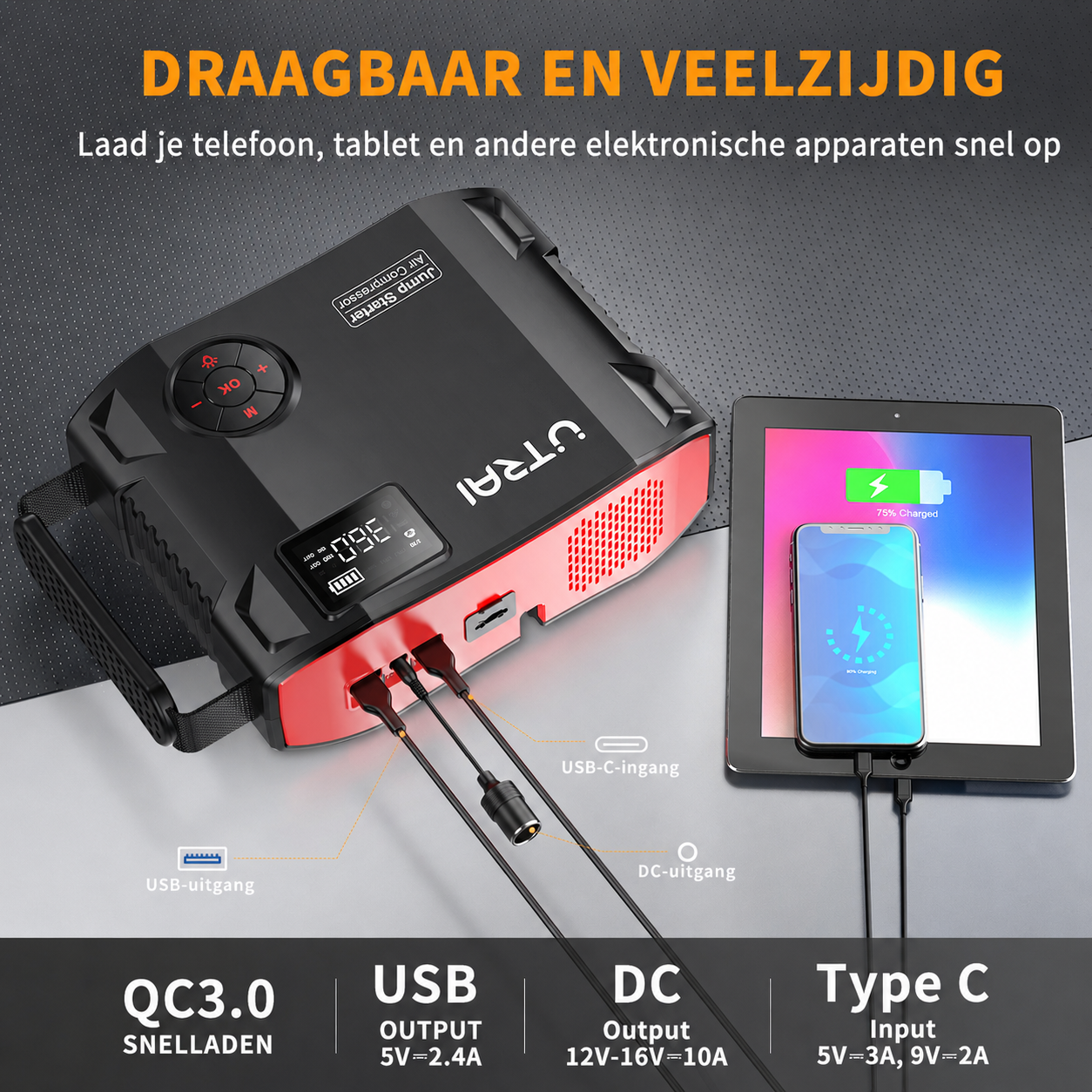 USB- en voedingsaansluitingen op de UTRAI JS-5 jumpstarter