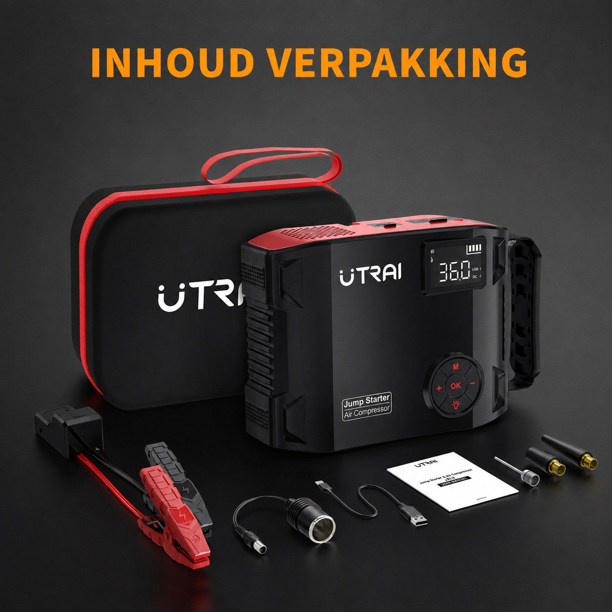 UTRAI JS-5 met accuklemmen, kabels en meegeleverde accessoires