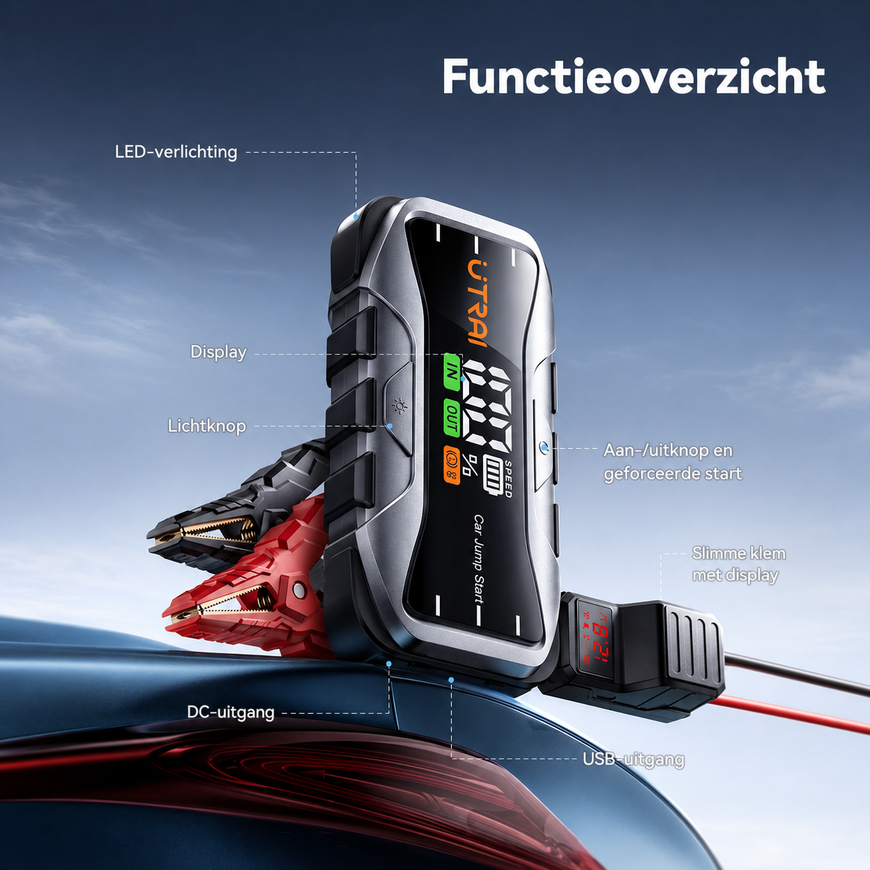 Functies en aansluitingen van de UTRAI JS-10 jumpstarter
