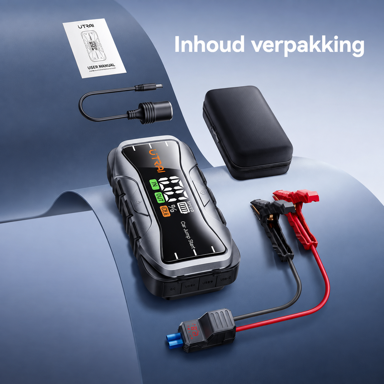 UTRAI JS-10 met accuklemmen, kabels en meegeleverde accessoires
