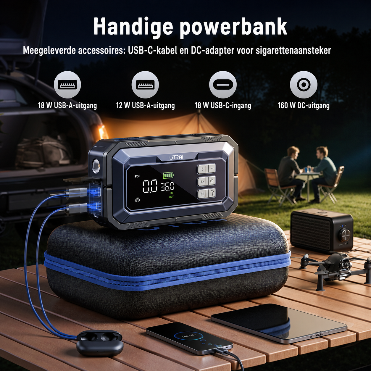 Aansluitingen van de UTRAI JS-30 voor het opladen van apparaten