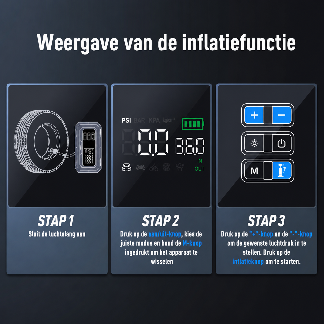Bediening van de digitale bandenpomp op de UTRAI JS-30
