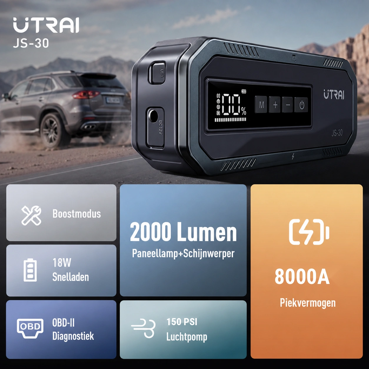 UTRAI JS-30 jumpstarter en compressor met 8000A en 150 PSI