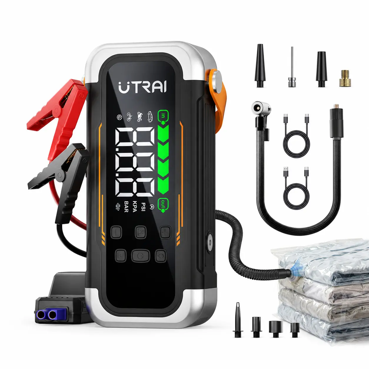 UTRAI JS-40 jumpstarter met accuklemmen, luchtslang, adapters en laadkabels
