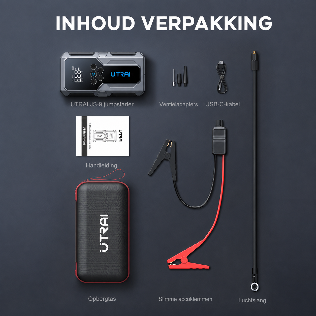 UTRAI JS-9 met accuklemmen, kabels en meegeleverde accessoires