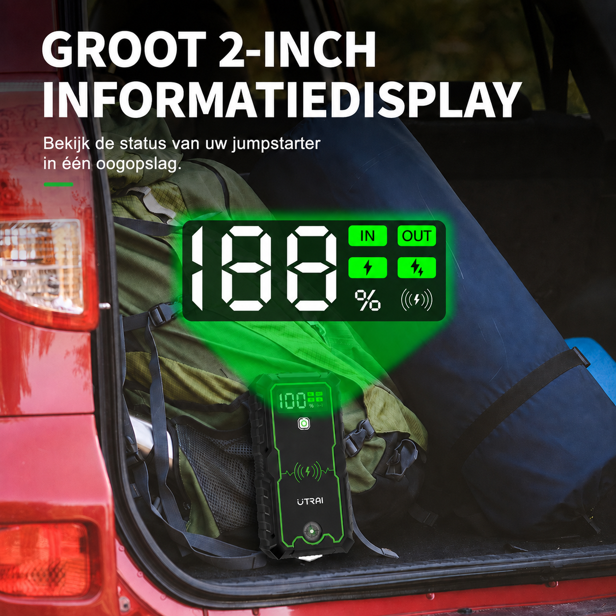 Display van de UTRAI JS-1 Pro met laad- en statusinformatie