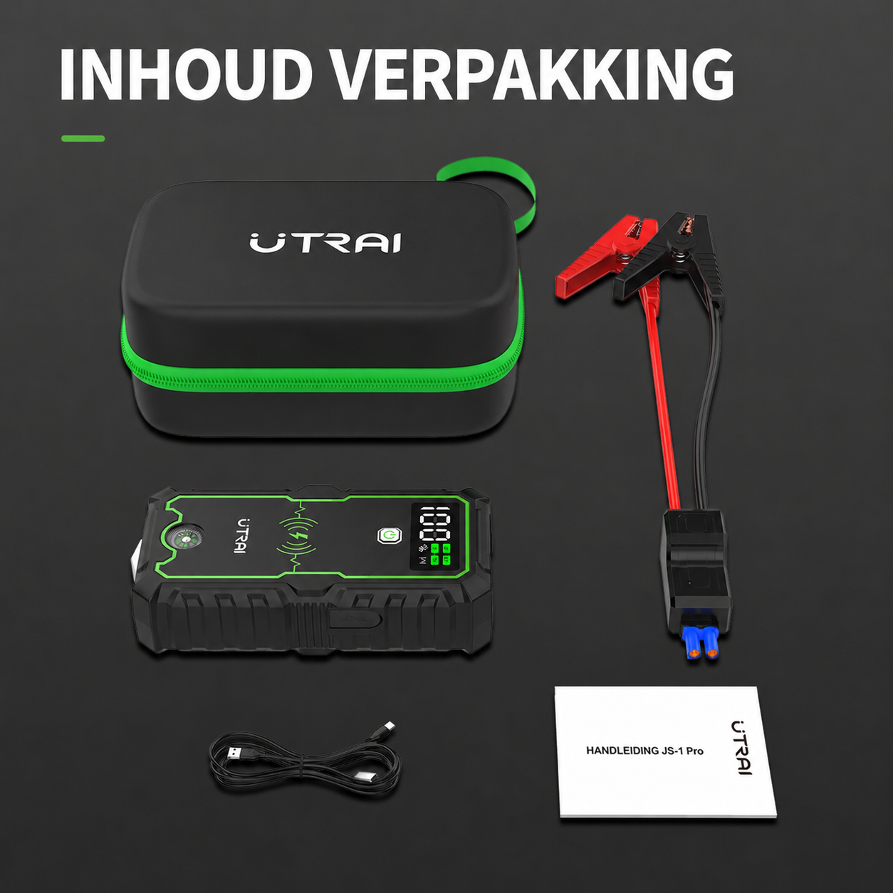 UTRAI JS-1 Pro met accuklemmen, kabels en accessoires