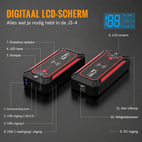 LCD-display en functies van de UTRAI JS-4 jumpstarter