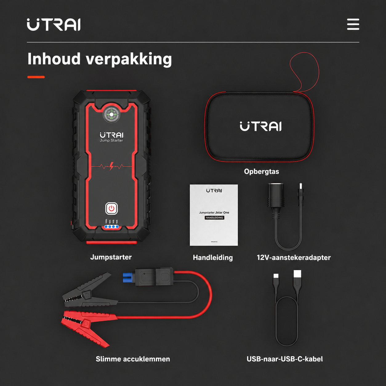 UTRAI JS-One met accuklemmen, handleiding, kabels en opbergtas