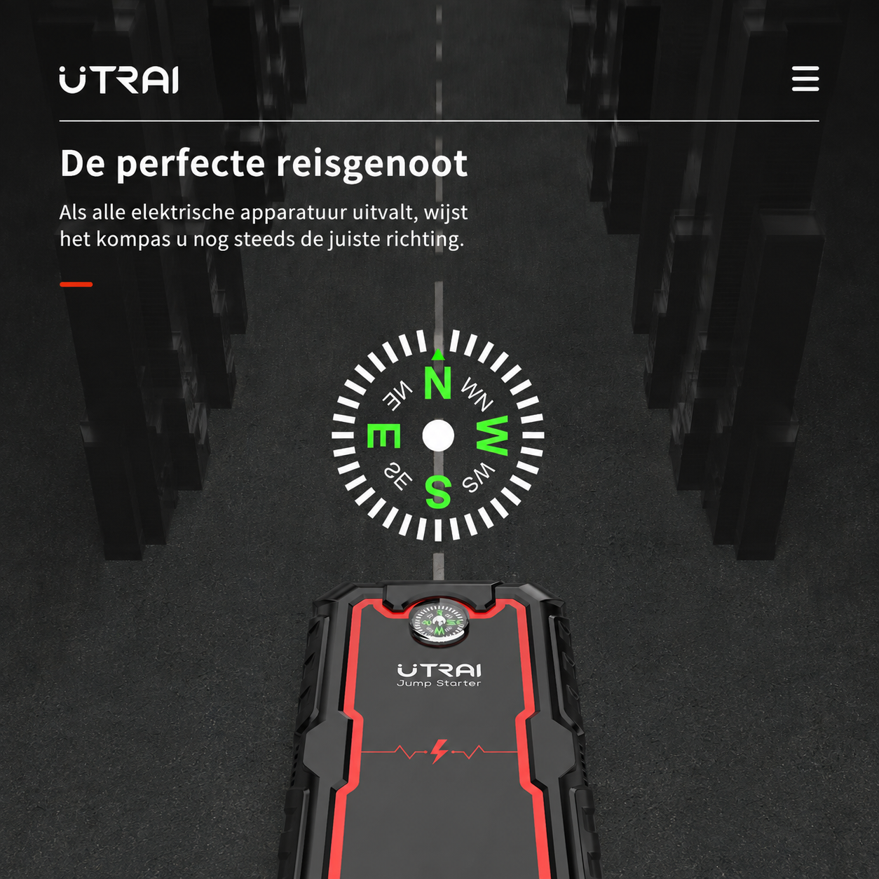 Kompas aan de bovenzijde van de UTRAI JS-One jumpstarter