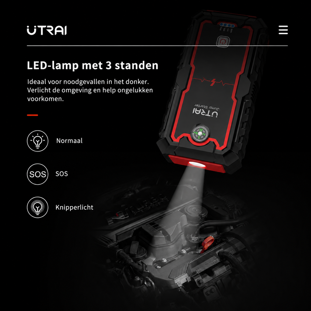 Ingebouwde LED-lamp op de UTRAI JS-One jumpstarter