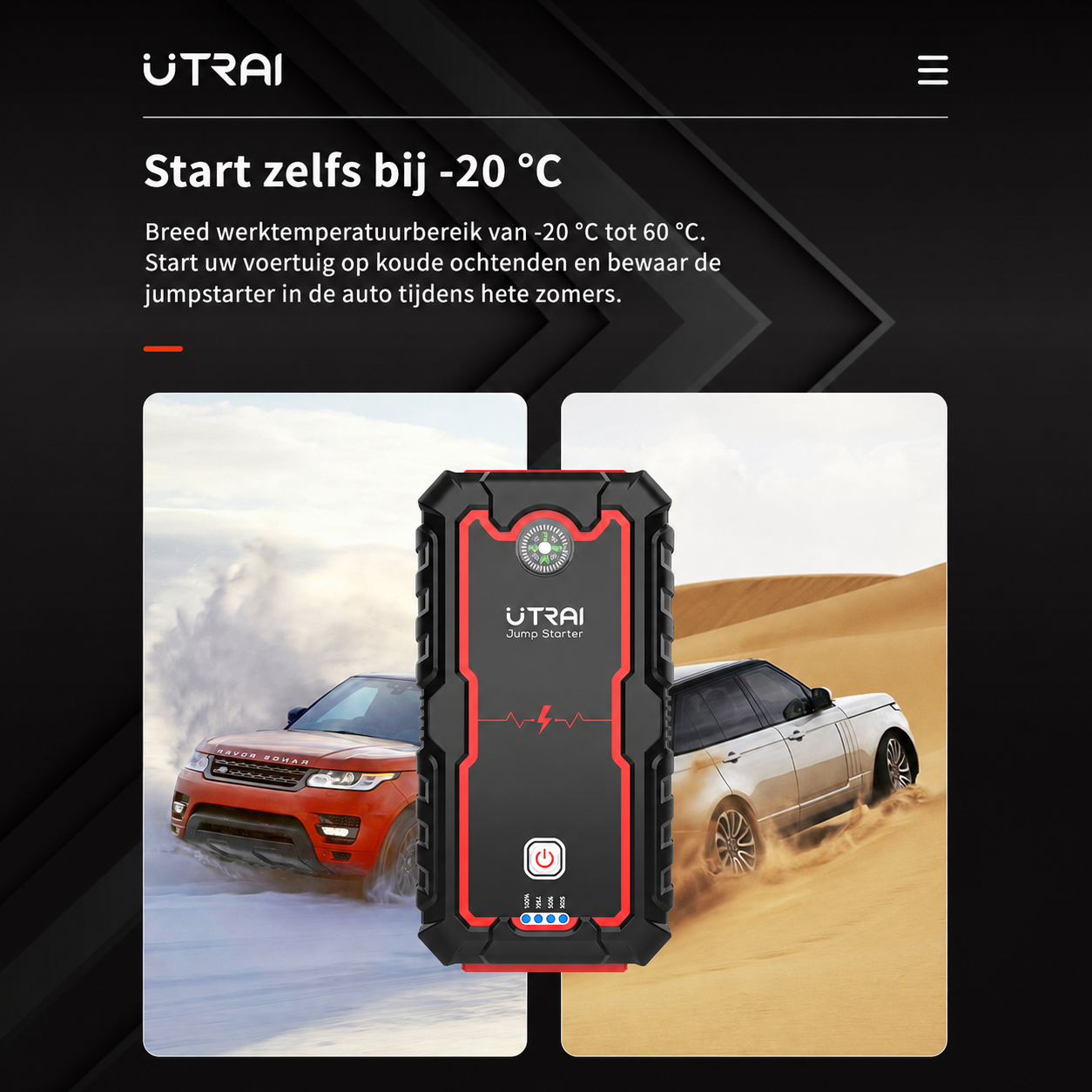 UTRAI JS-One jumpstarter met overzicht van de werktemperatuur